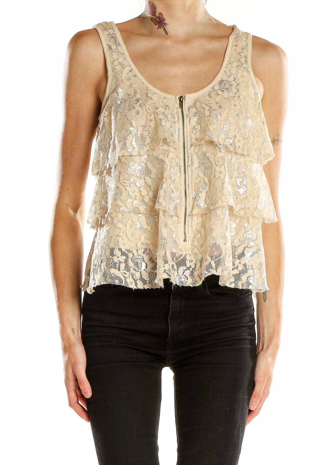 Front view of cream lace tiered tank top with zipper closure