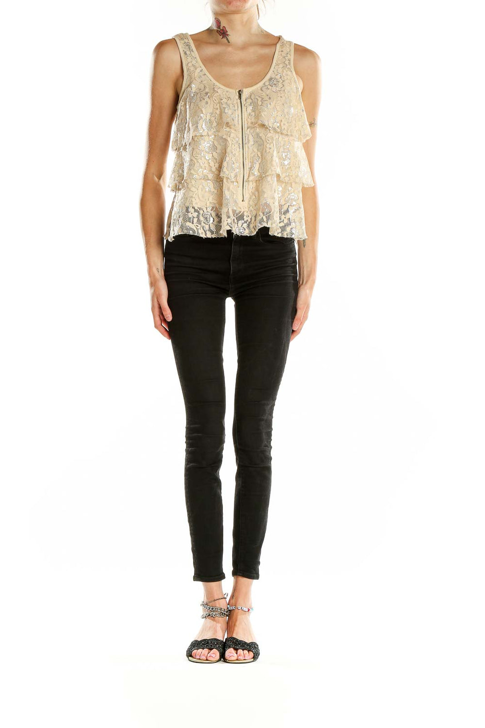 Front view of cream lace tiered tank top with zipper closure