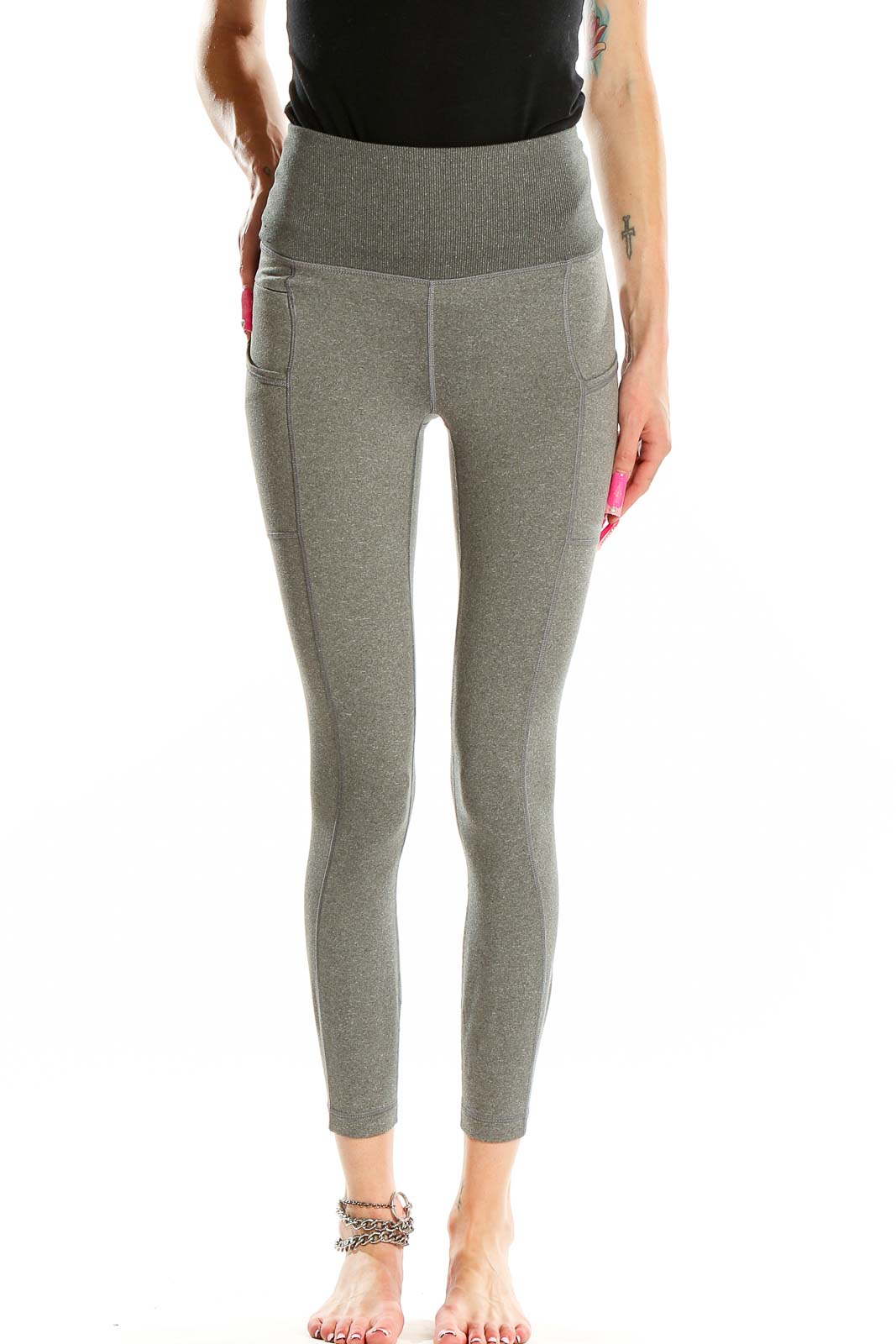 Front view of Patagonia gray high-waisted yoga leggings with side pockets