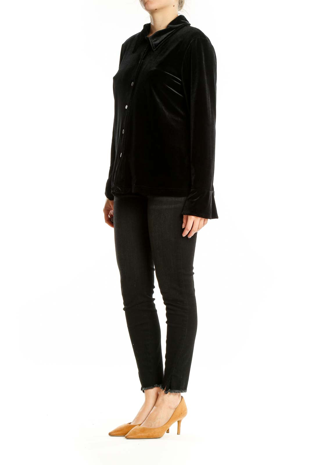 Front view of Cynthia Max black velvet button-up blouse
