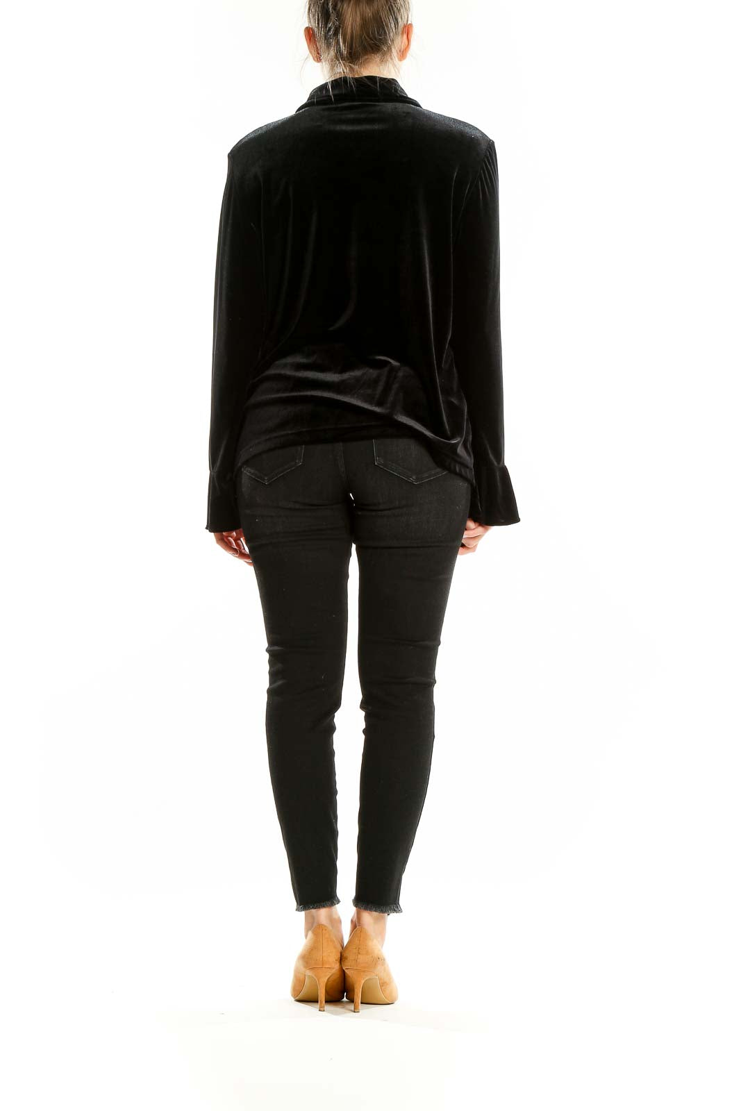Back view of Cynthia Max black velvet button-up blouse