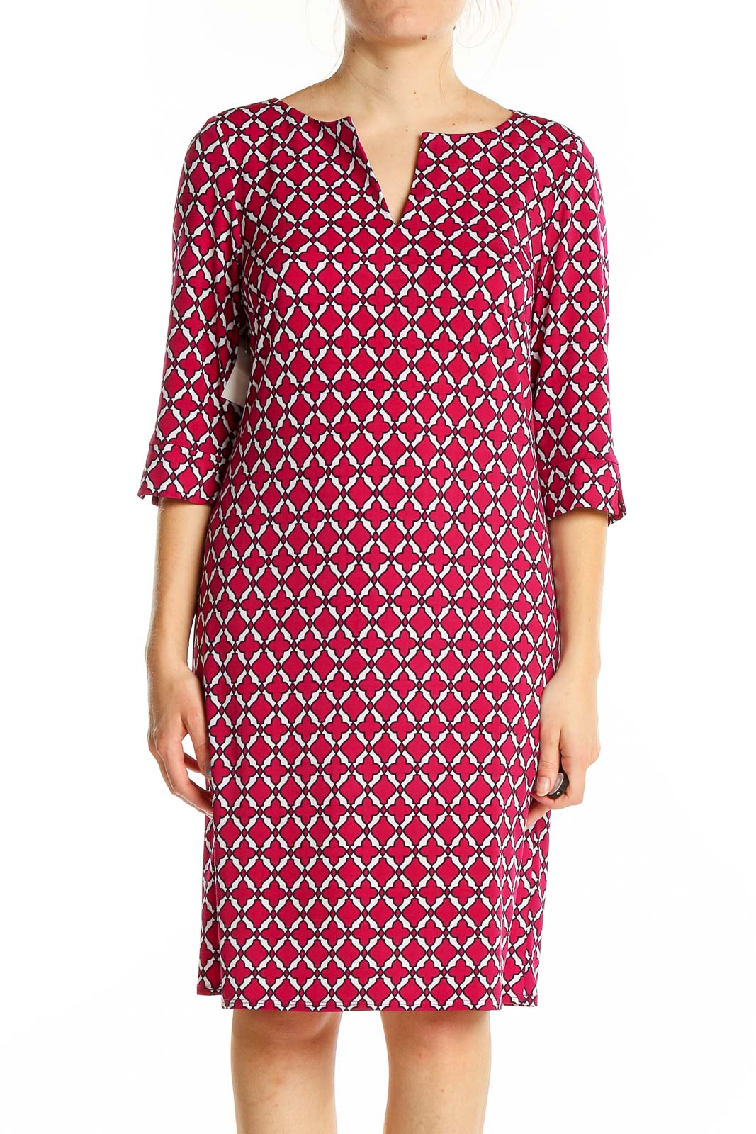 Front view of red geometric print shift dress by Laundry by Design