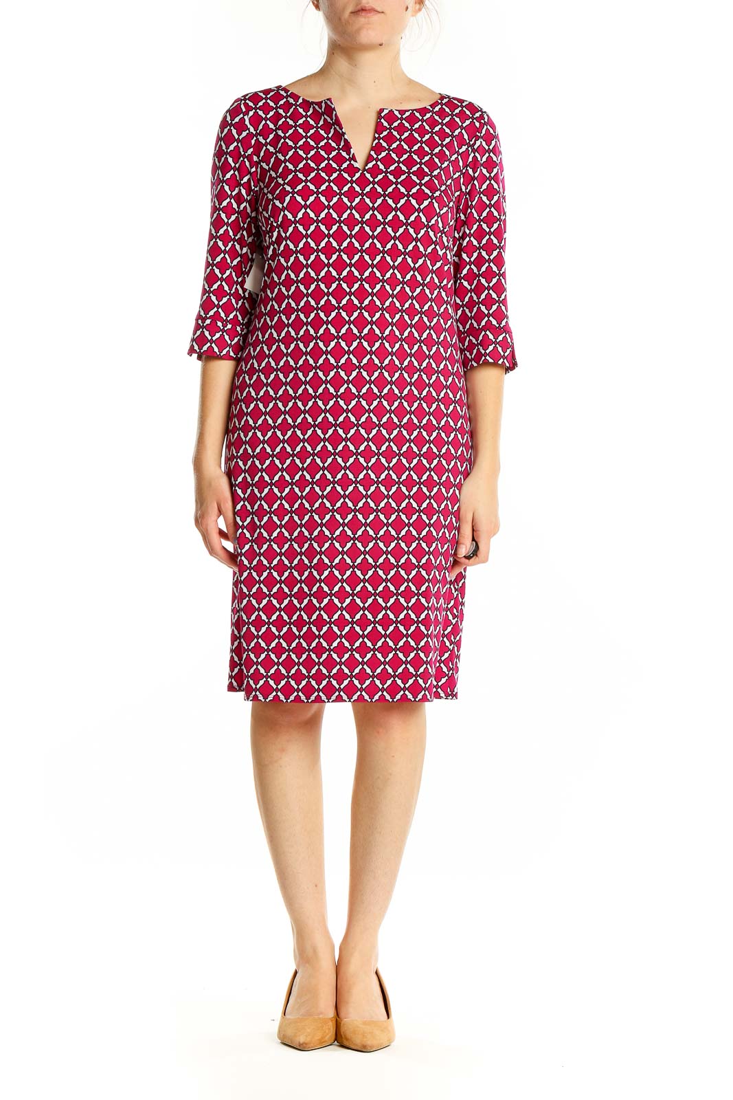 Front view of red geometric print shift dress by Laundry by Design