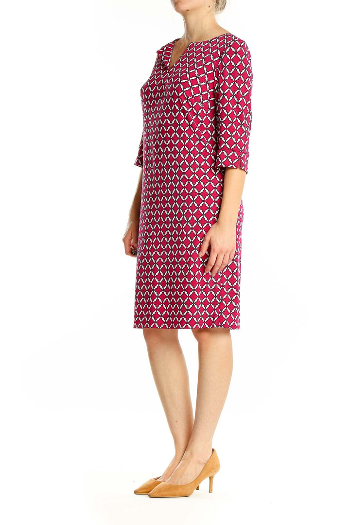 Front view of red geometric print shift dress by Laundry by Design