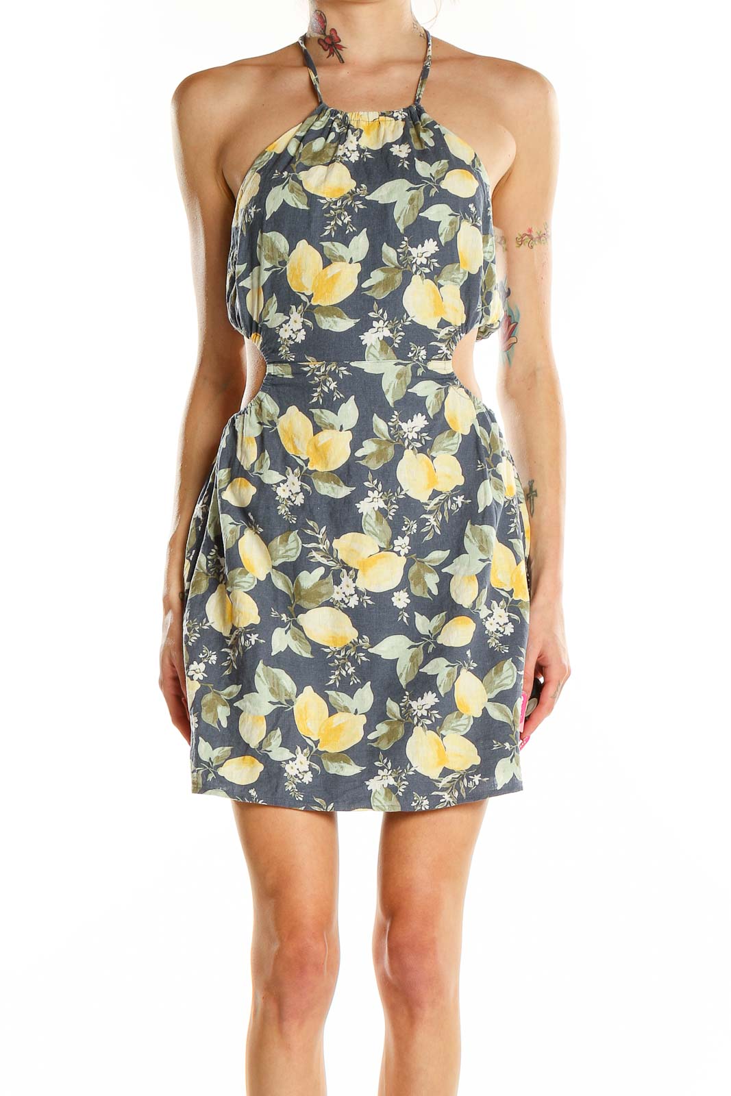 Front view of Abercrombie & Fitch Yellow Floral Linen Halter Mini Dress