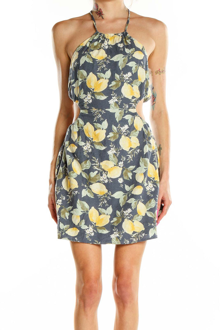 Front view of Abercrombie & Fitch Yellow Floral Linen Halter Mini Dress