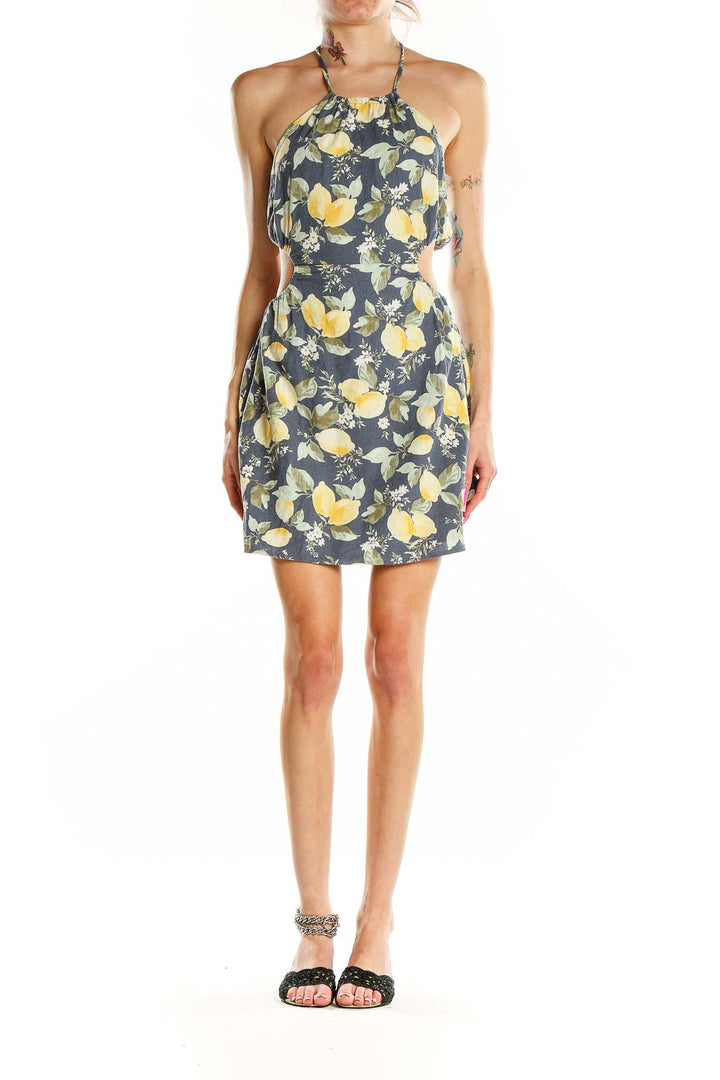 Front view of Abercrombie & Fitch Yellow Floral Linen Halter Mini Dress