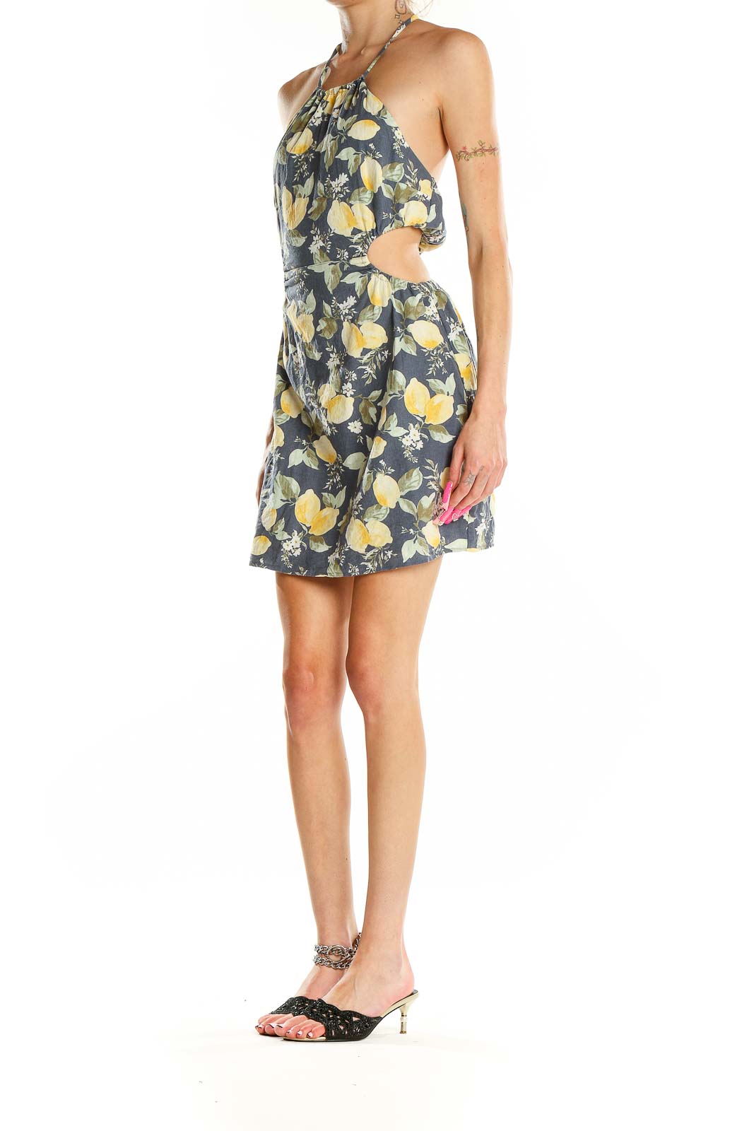 Front view of Abercrombie & Fitch Yellow Floral Linen Halter Mini Dress