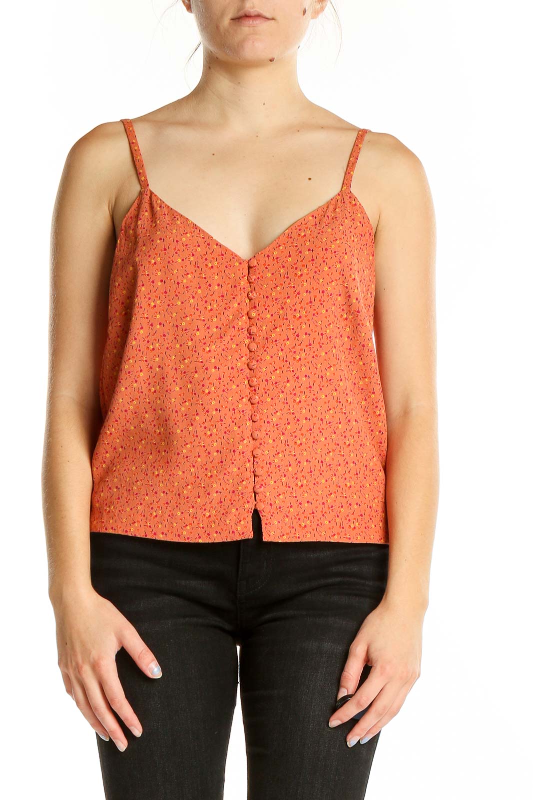 Front view of orange floral button-front camisole top by Madewell