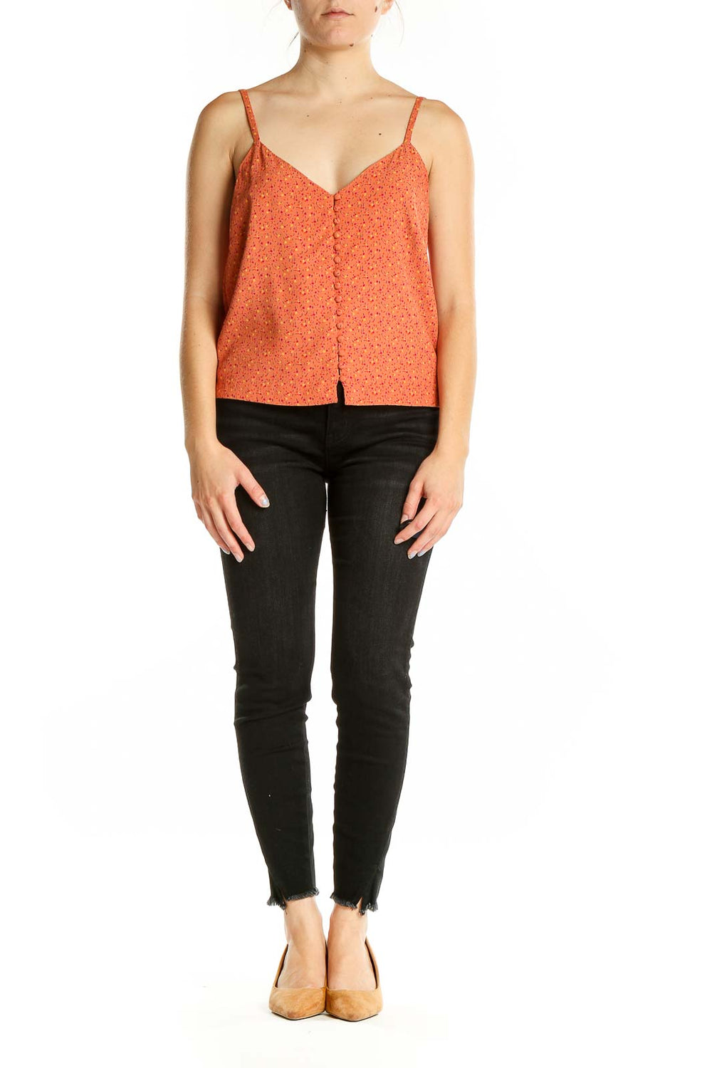 Front view of orange floral button-front camisole top by Madewell