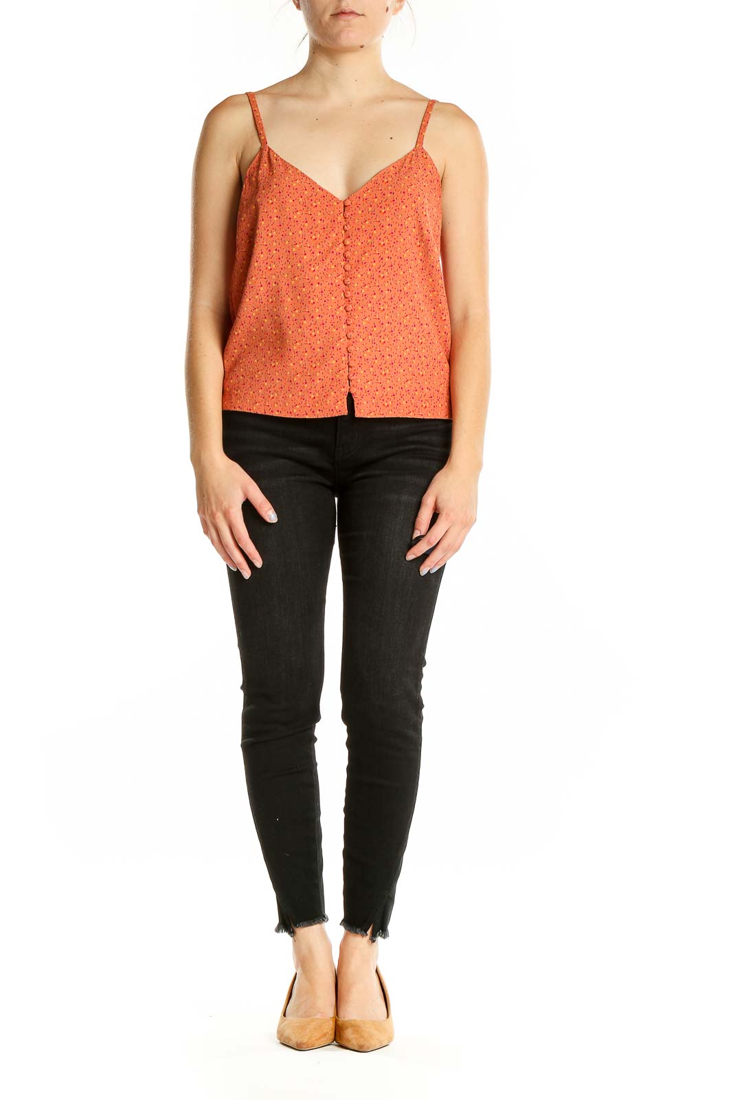 Front view of orange floral button-front camisole top by Madewell