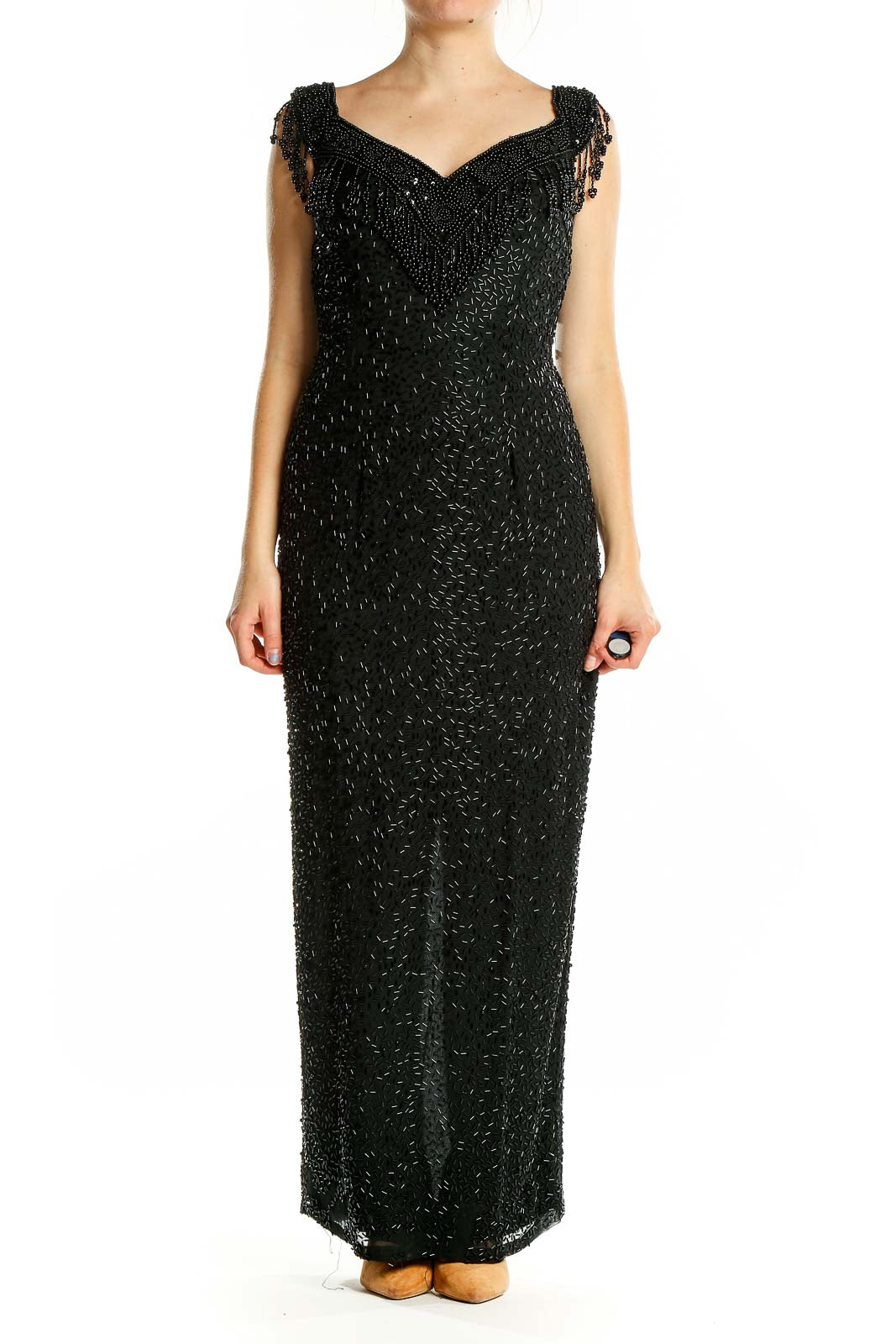 Front view of black beaded maxi dress with sweetheart neckline and cap sleeves