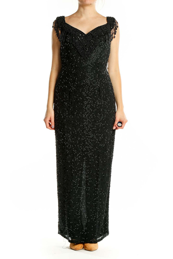 Front view of black beaded maxi dress with sweetheart neckline and cap sleeves