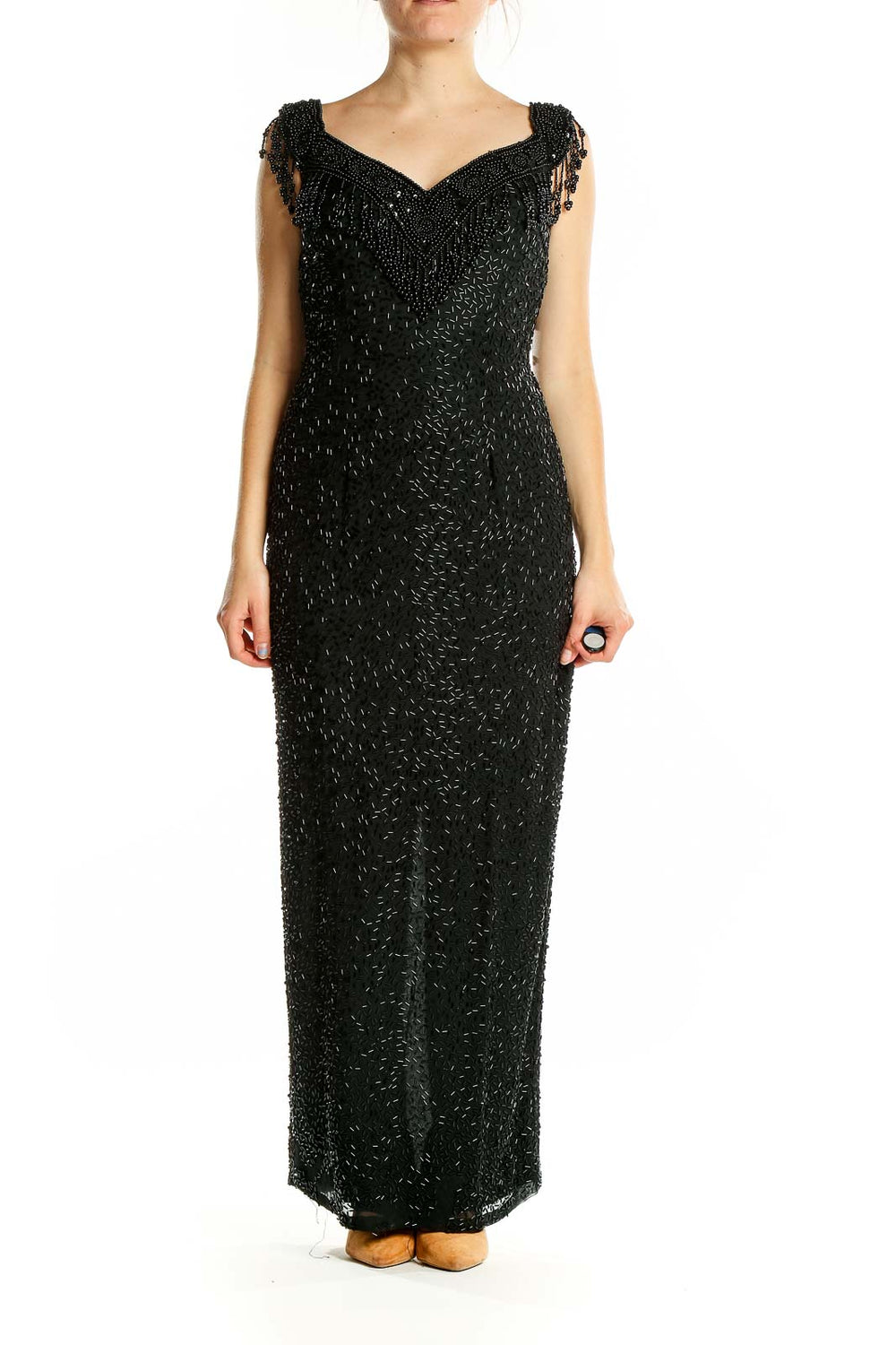 Front view of black beaded maxi dress with sweetheart neckline and cap sleeves