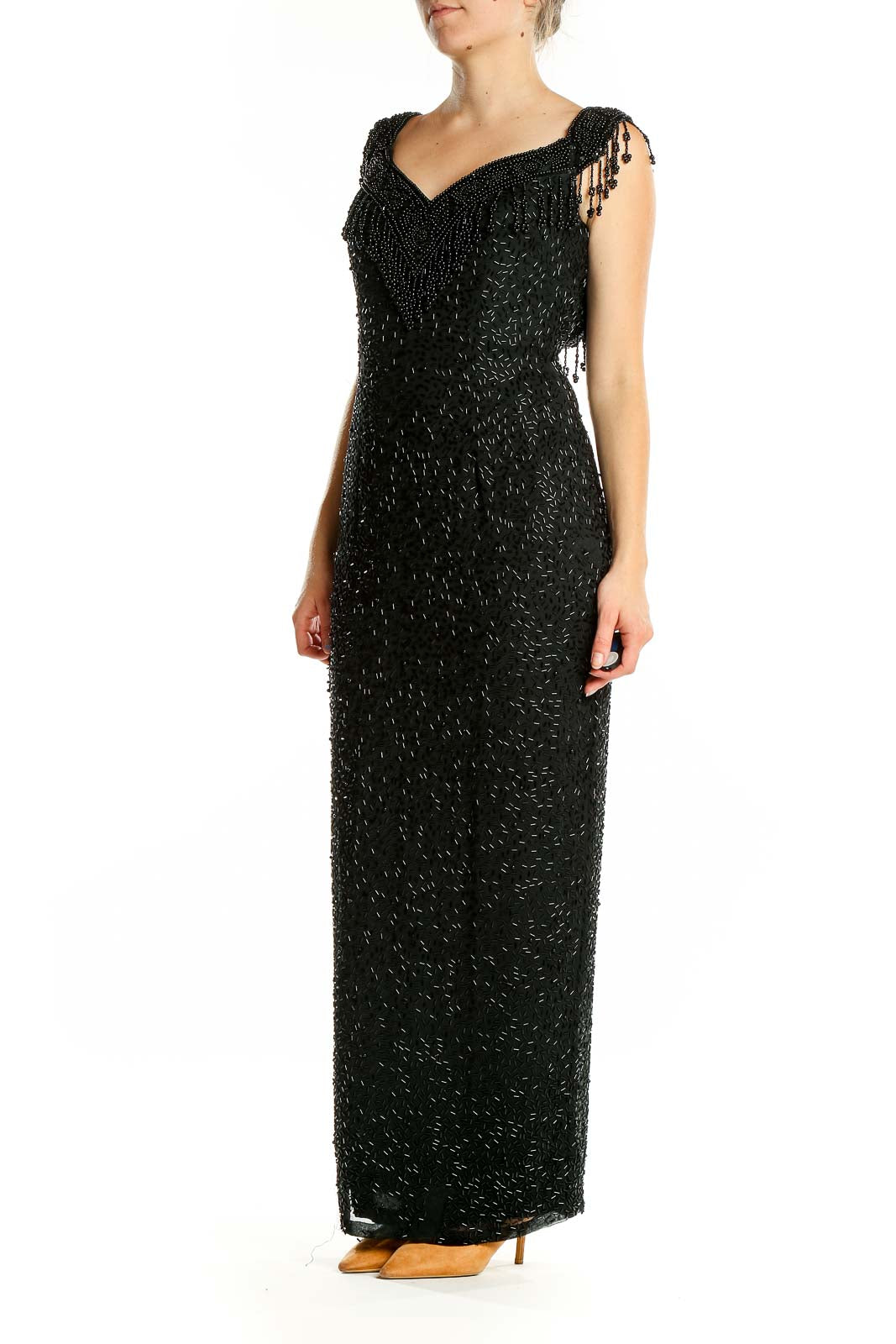 Front view of black beaded maxi dress with sweetheart neckline and cap sleeves