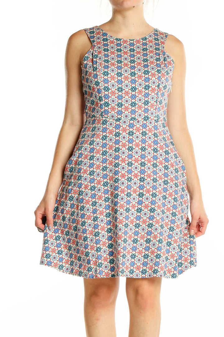 Front view of Tulle multicolor floral sleeveless A-line dress