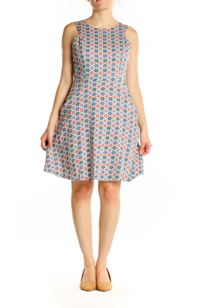 Front view of Tulle multicolor floral sleeveless A-line dress