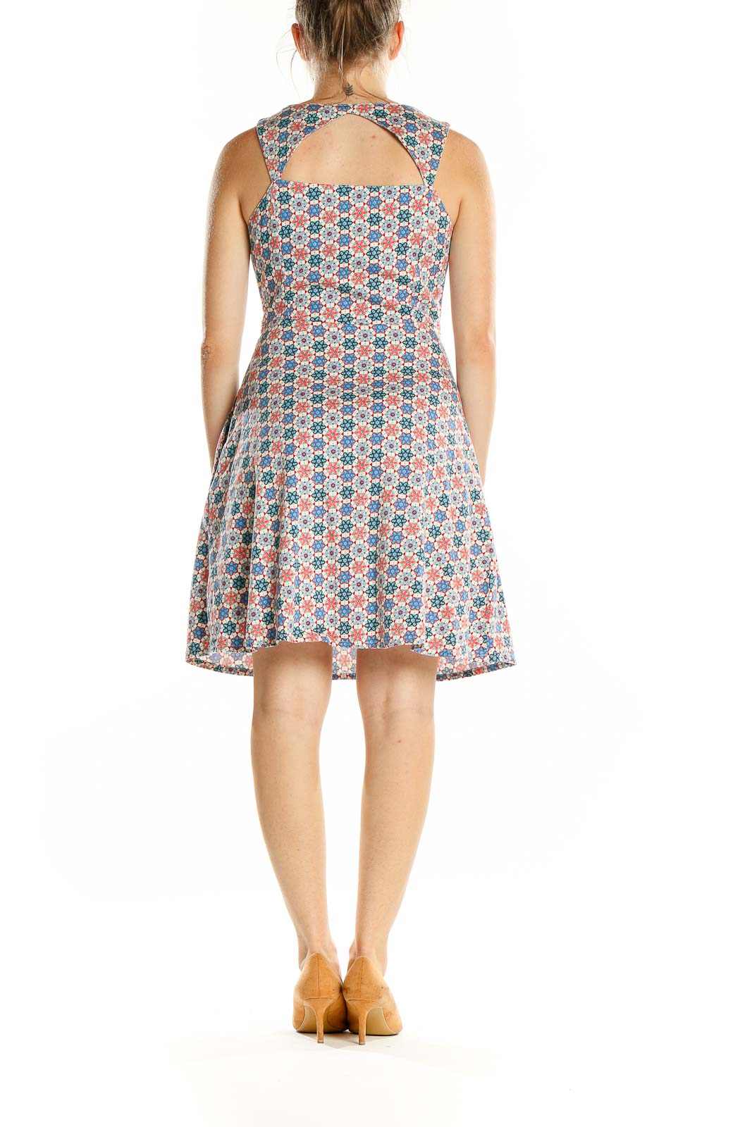 Back view of Tulle multicolor floral sleeveless dress with cut-out detail