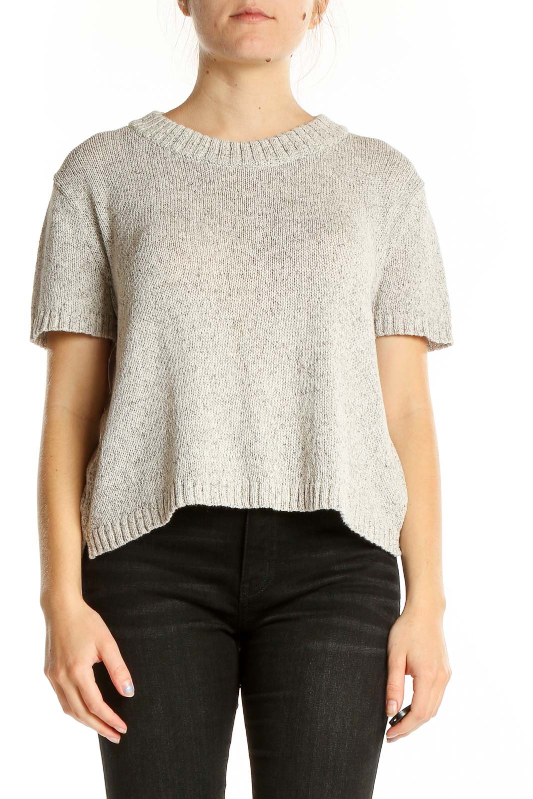 Front view of Madewell gray short-sleeve knit sweater on model