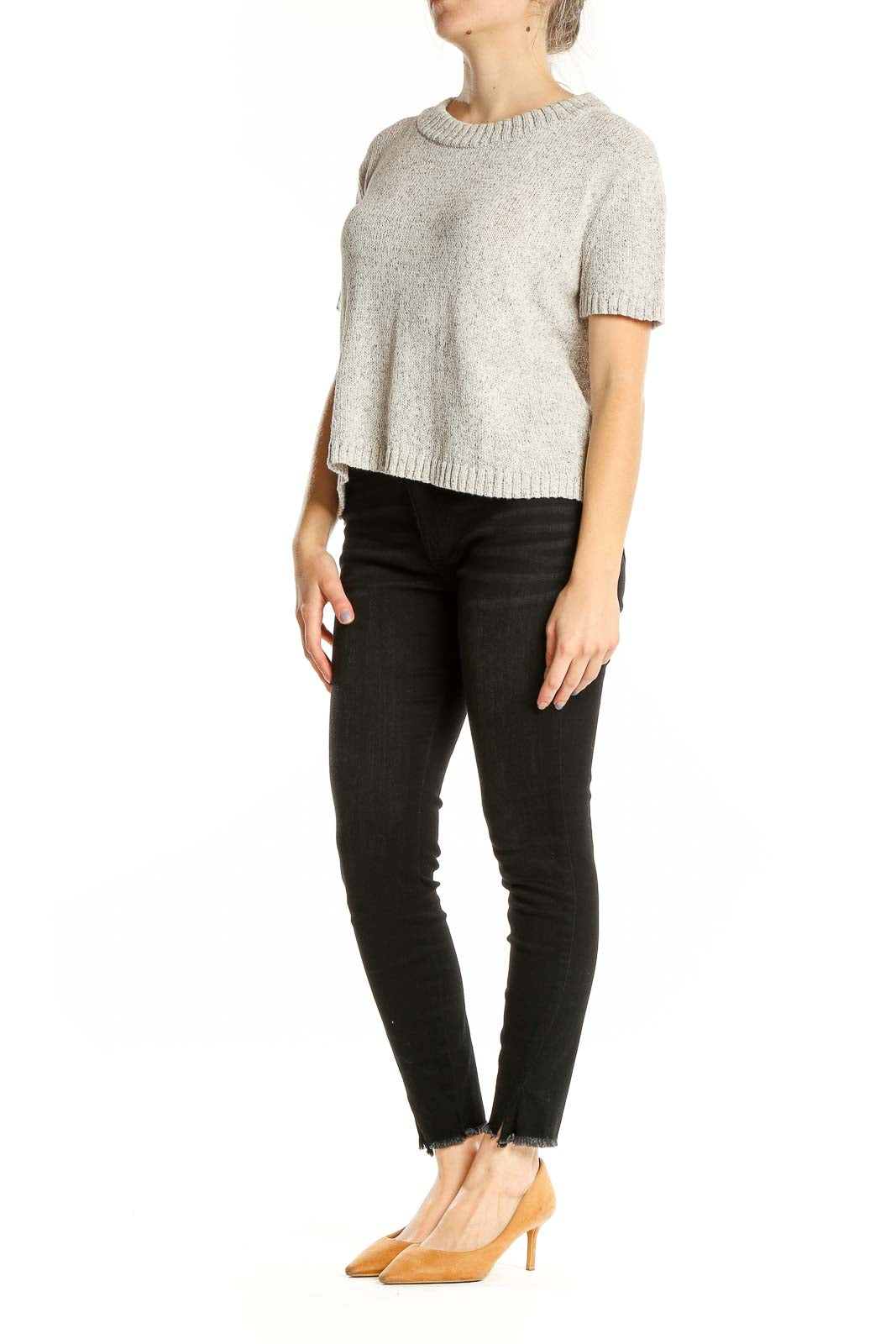 Front view of Madewell gray short-sleeve knit sweater on model