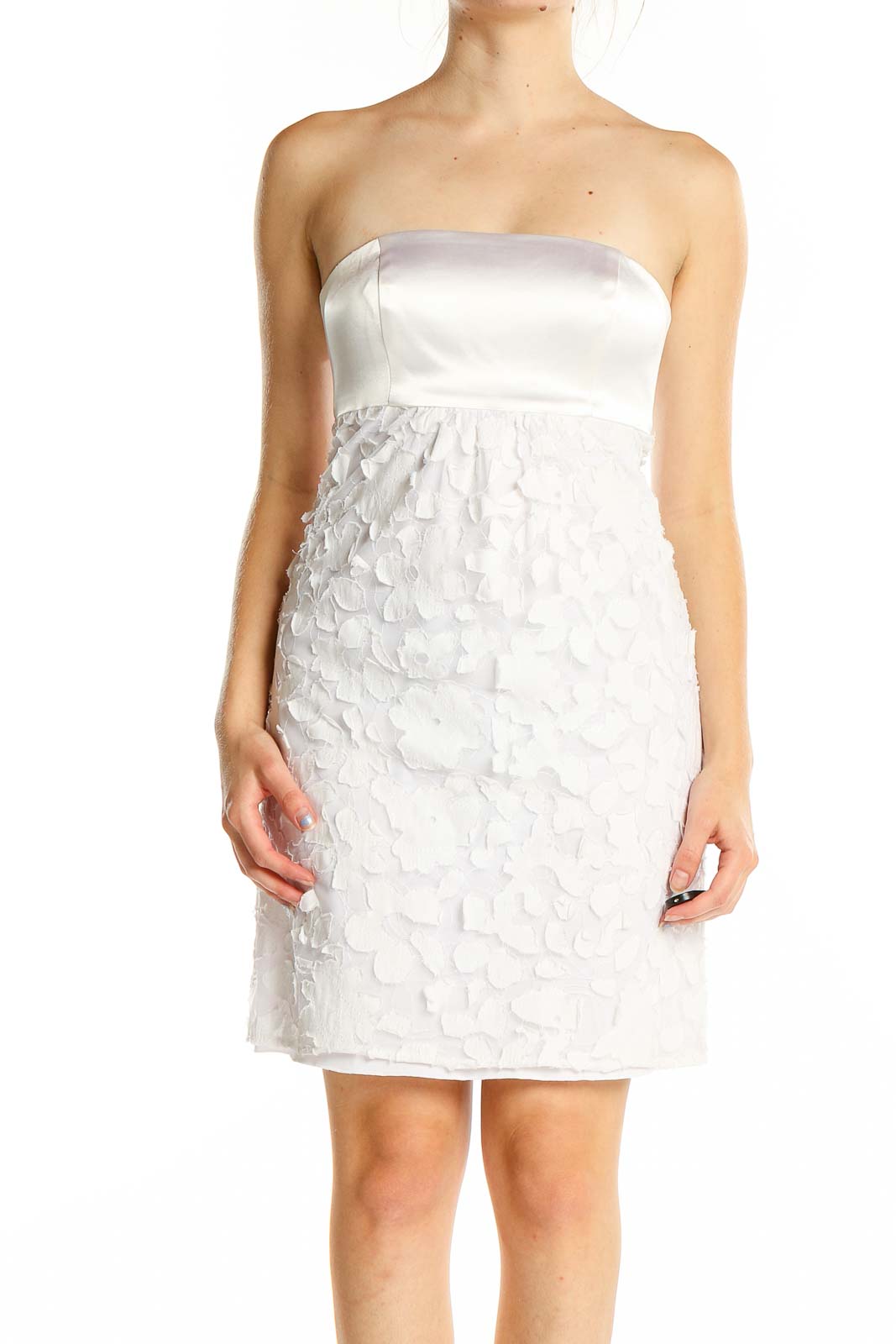 Front view of white strapless cocktail dress with textured floral skirt by Maria Bianca Nero