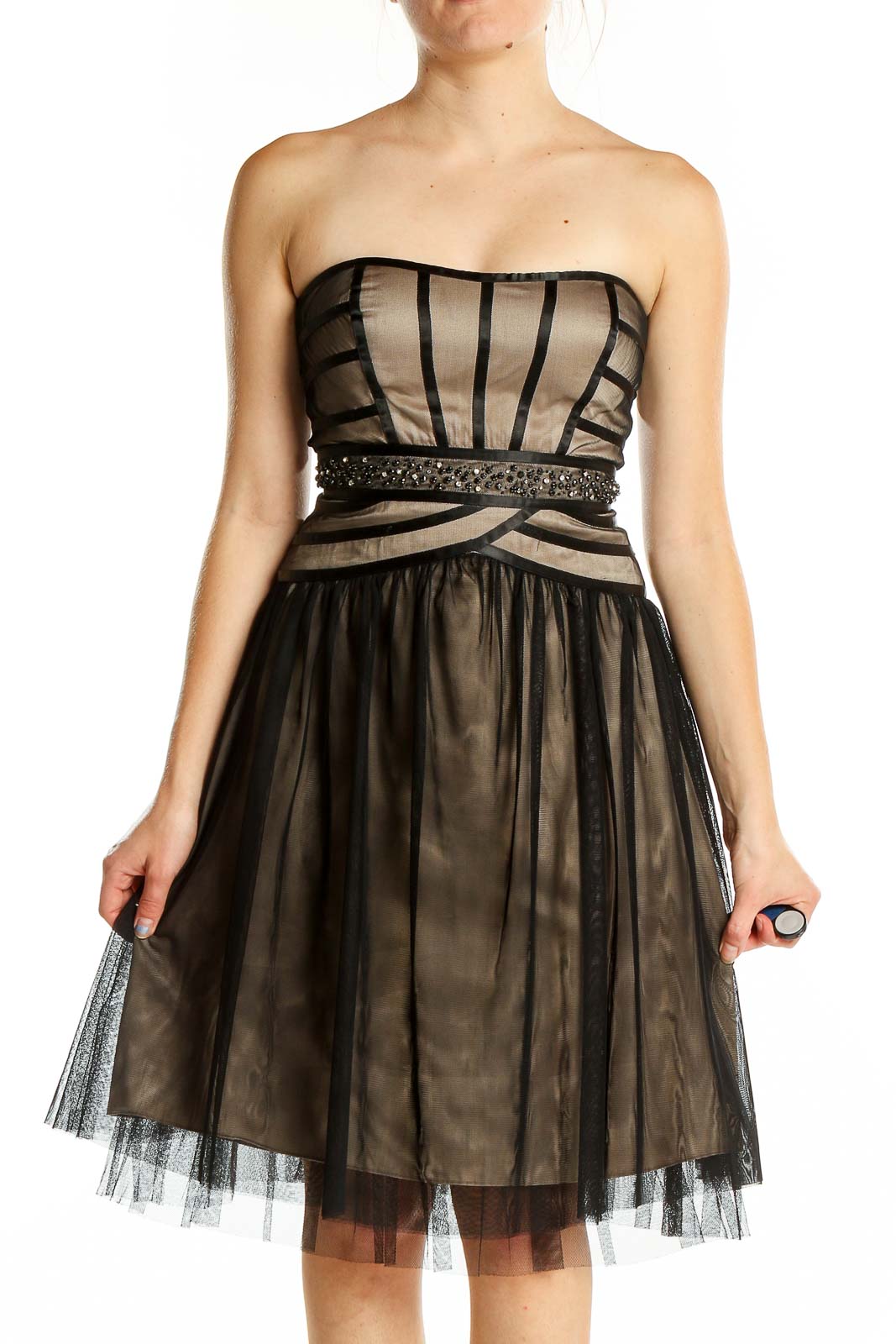 Front view of Max and Cleo black tulle strapless cocktail dress with beige underlay
