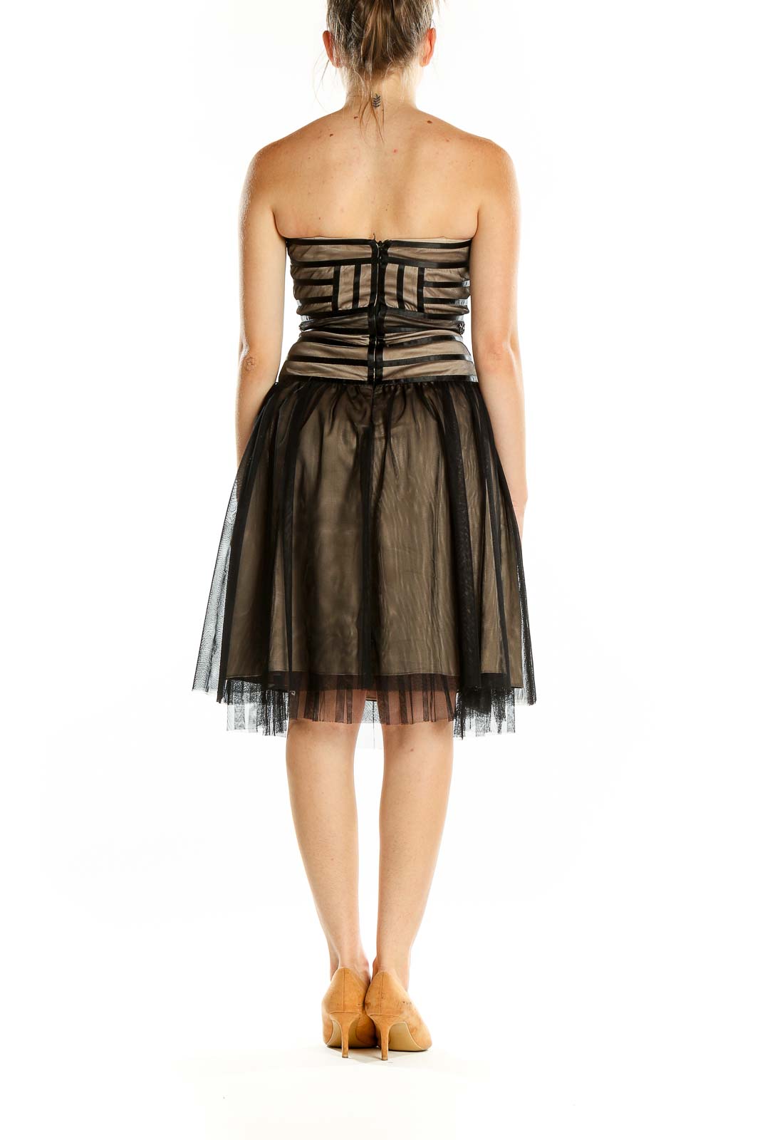 Back view of Max and Cleo black tulle strapless cocktail dress showing zipper closure