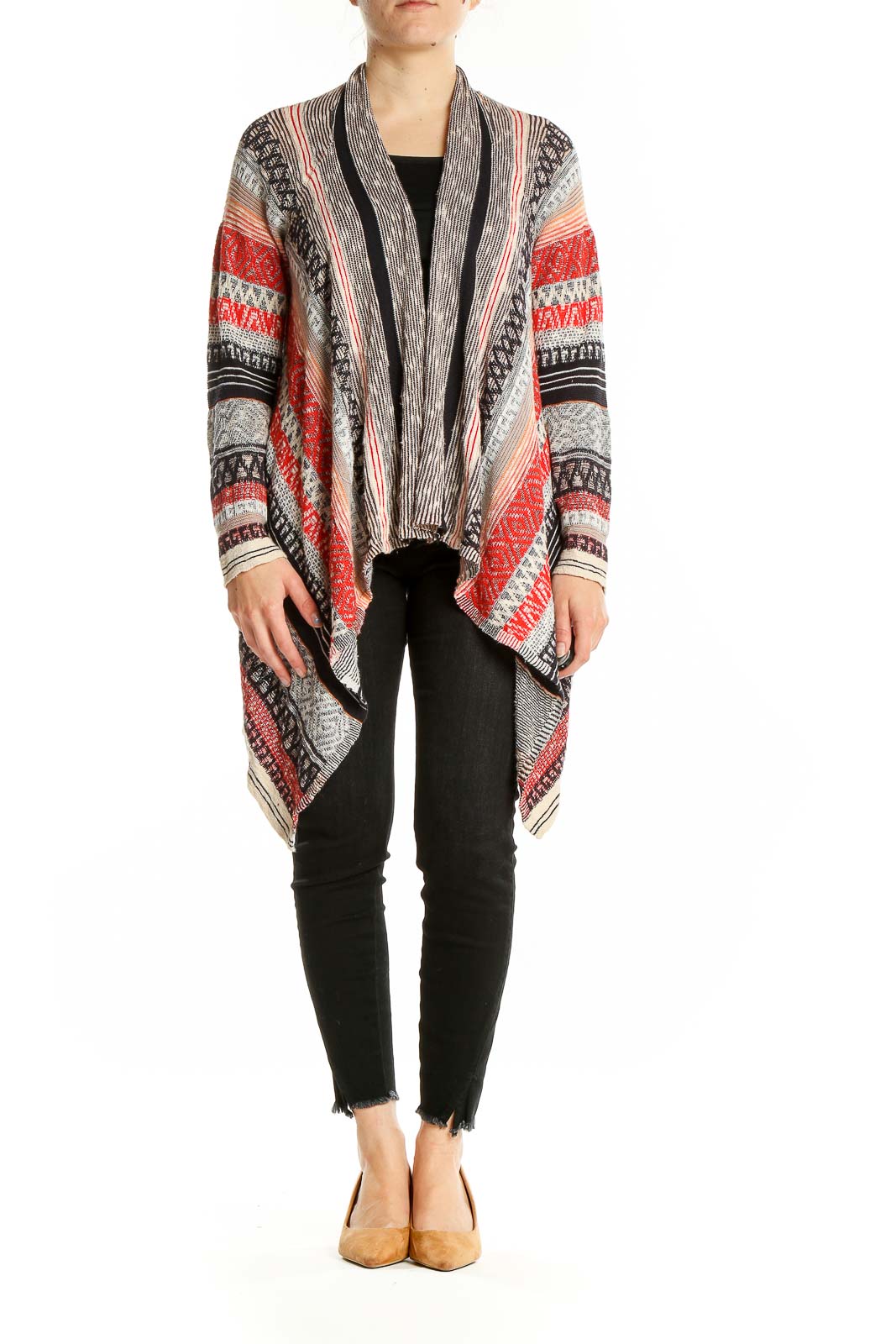 Front view of NIC + ZOE Red Striped Open Front Cardigan showing unique pattern blend