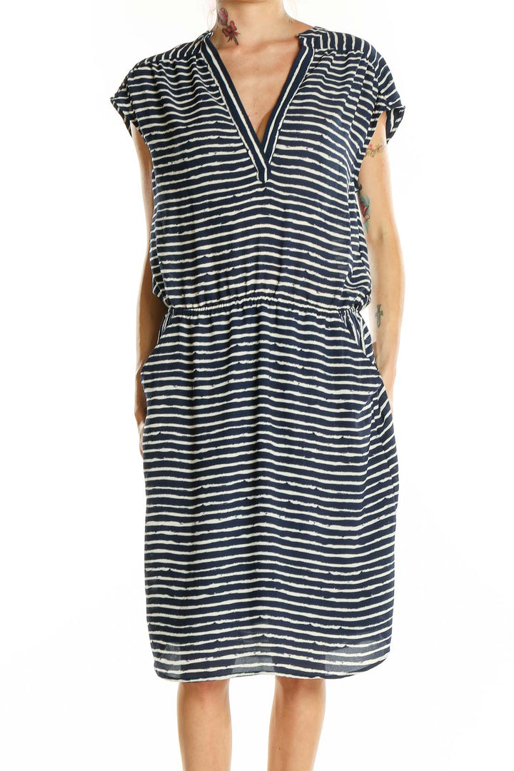 Front view of Banana Republic navy striped V-neck midi dress with cap sleeves