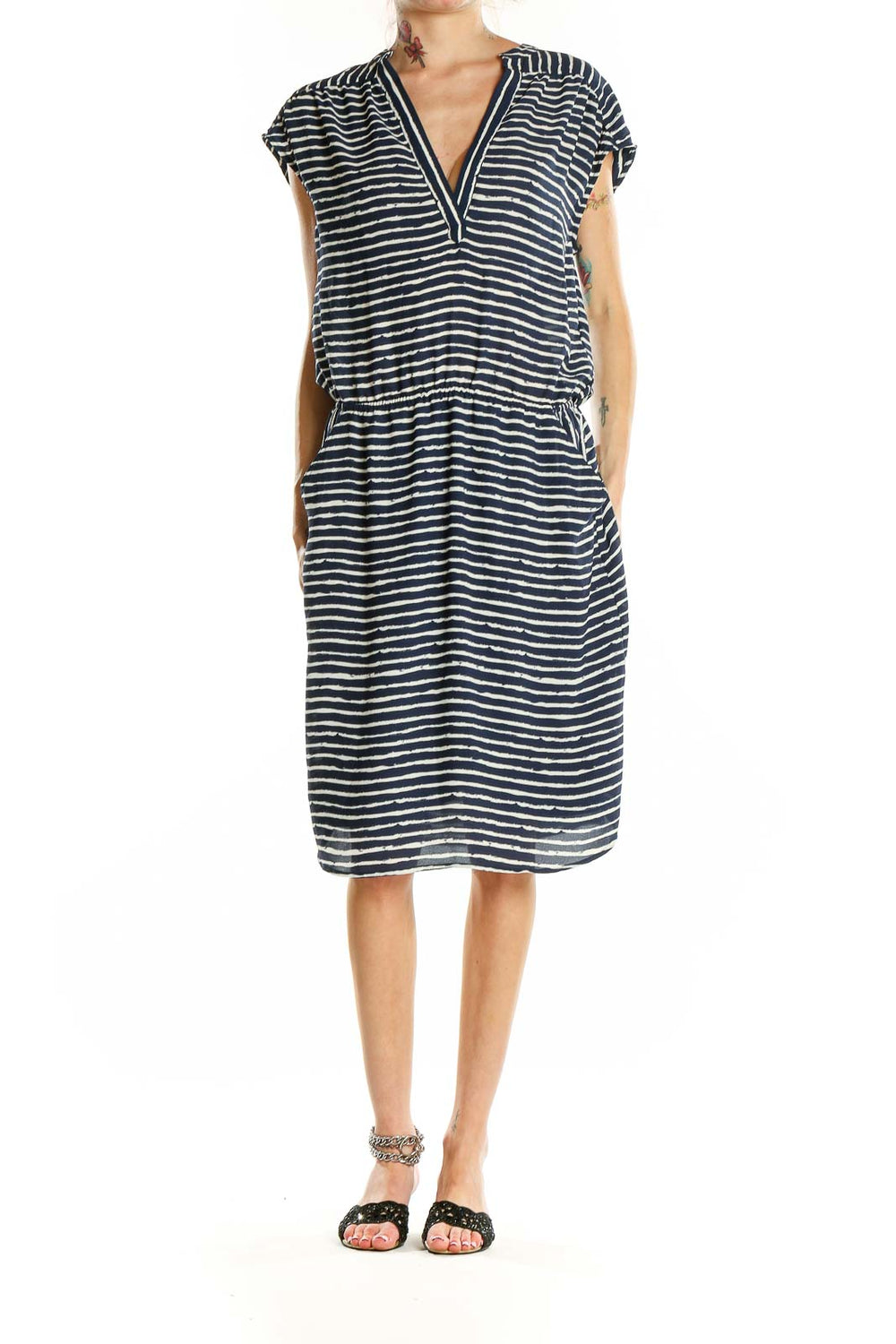 Front view of Banana Republic navy striped V-neck midi dress with cap sleeves