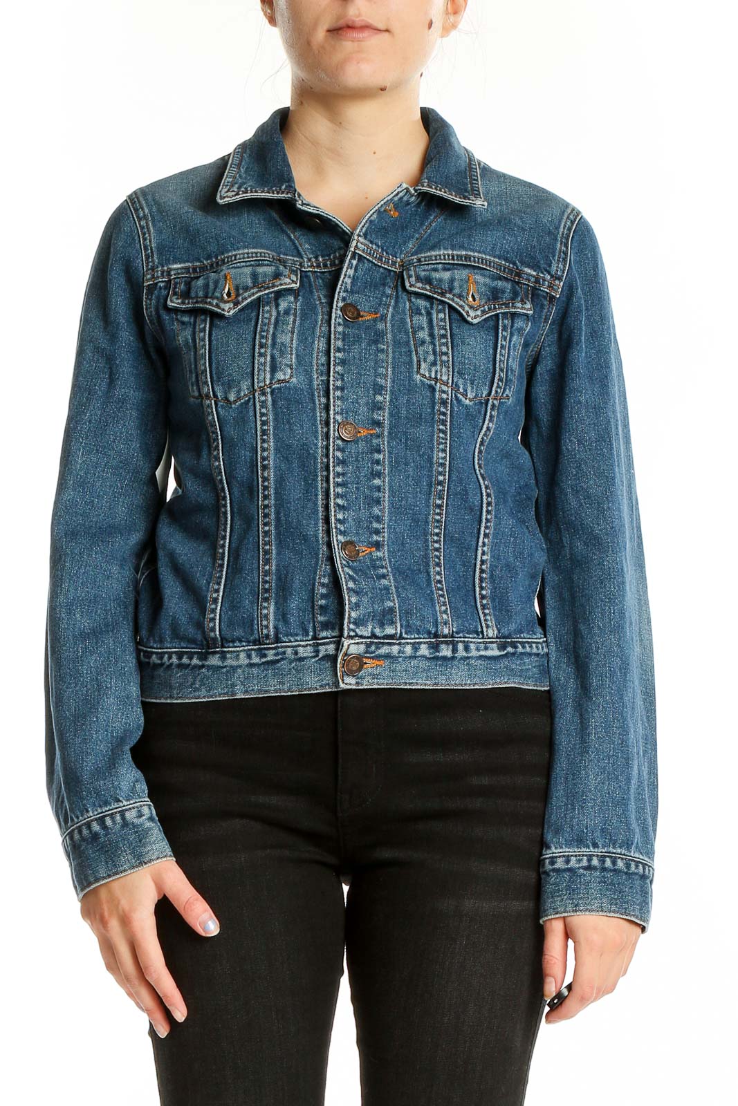 Front view of Earl Jeans blue denim jacket with button-up closure and chest pockets