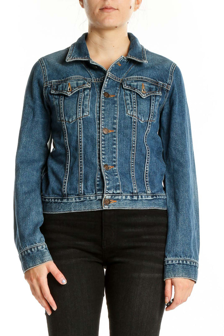 Front view of Earl Jeans blue denim jacket with button-up closure and chest pockets