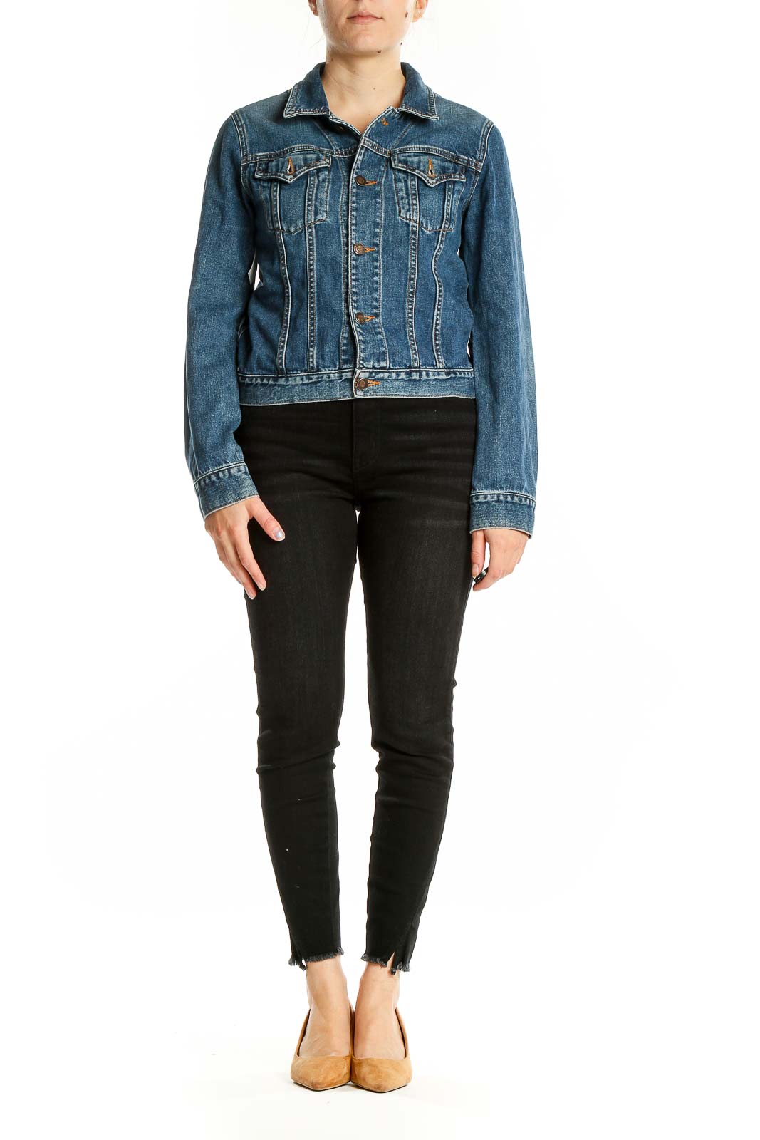 Front view of Earl Jeans blue denim jacket with button-up closure and chest pockets
