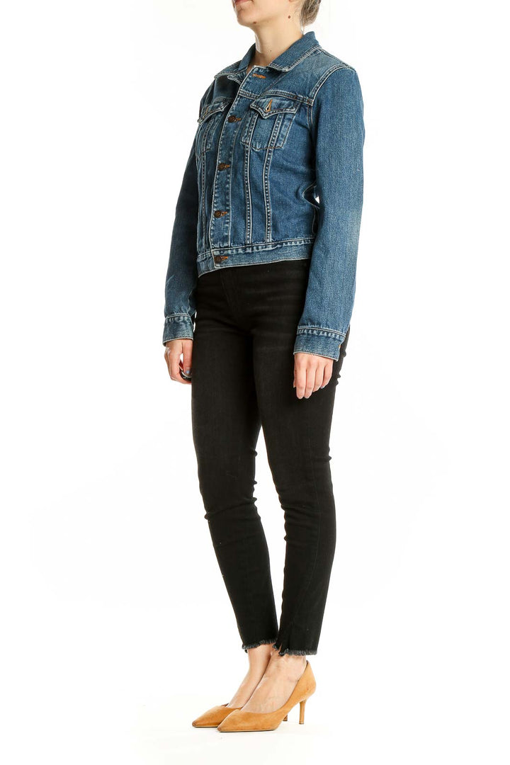 Front view of Earl Jeans blue denim jacket with button-up closure and chest pockets