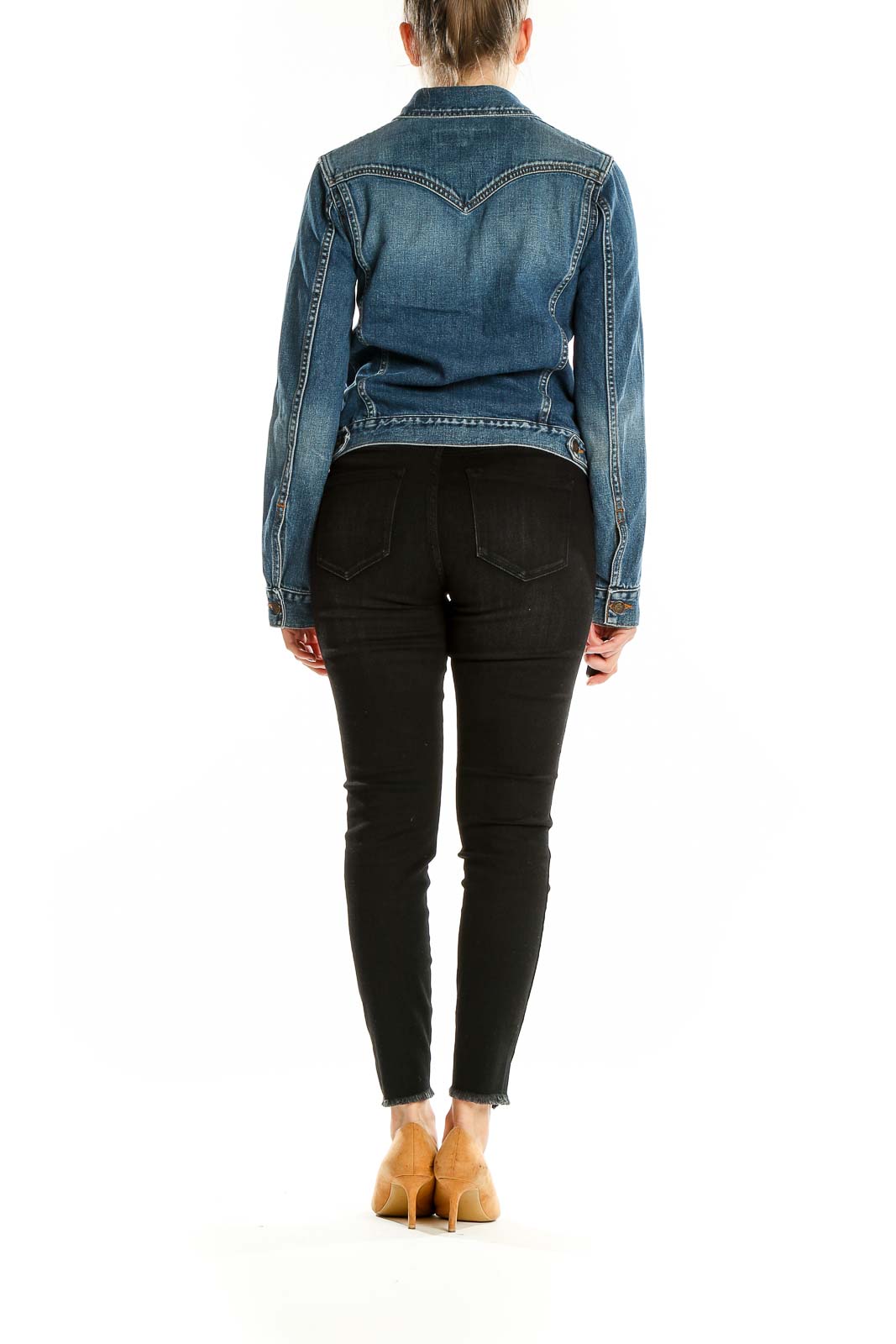 Side view of Earl Jeans blue denim jacket on model with black pants