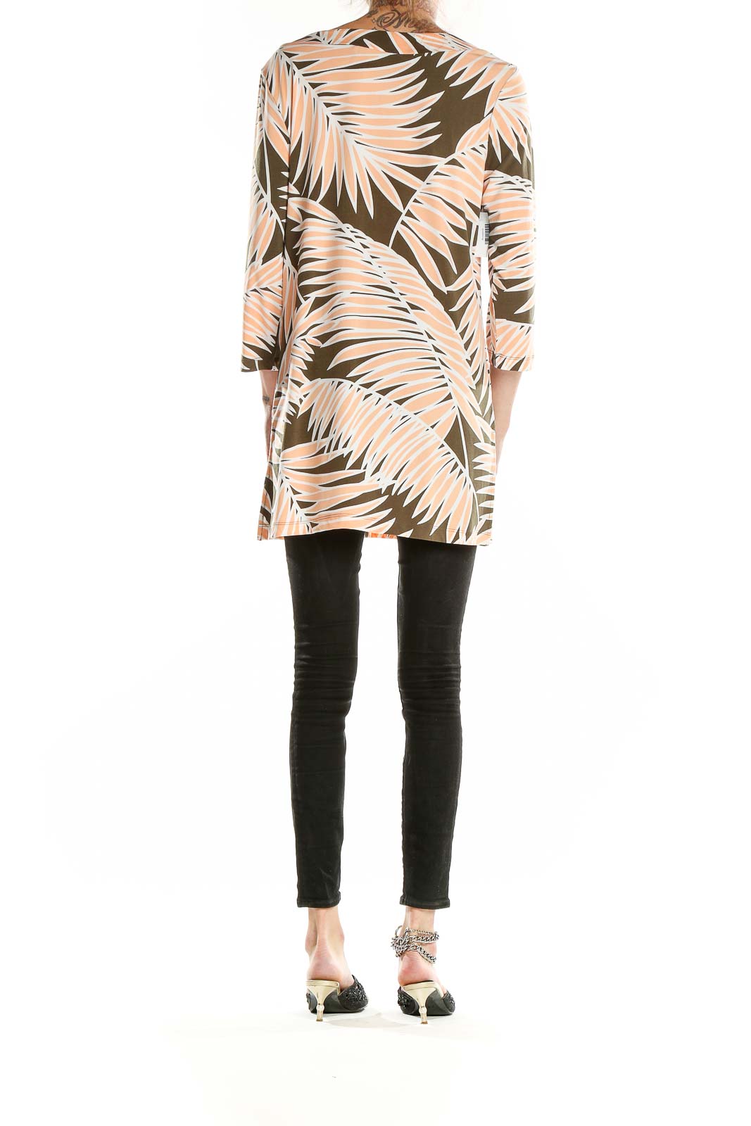 Back view of Tommy Bahama peach and olive palm leaf print tunic dress showing full length