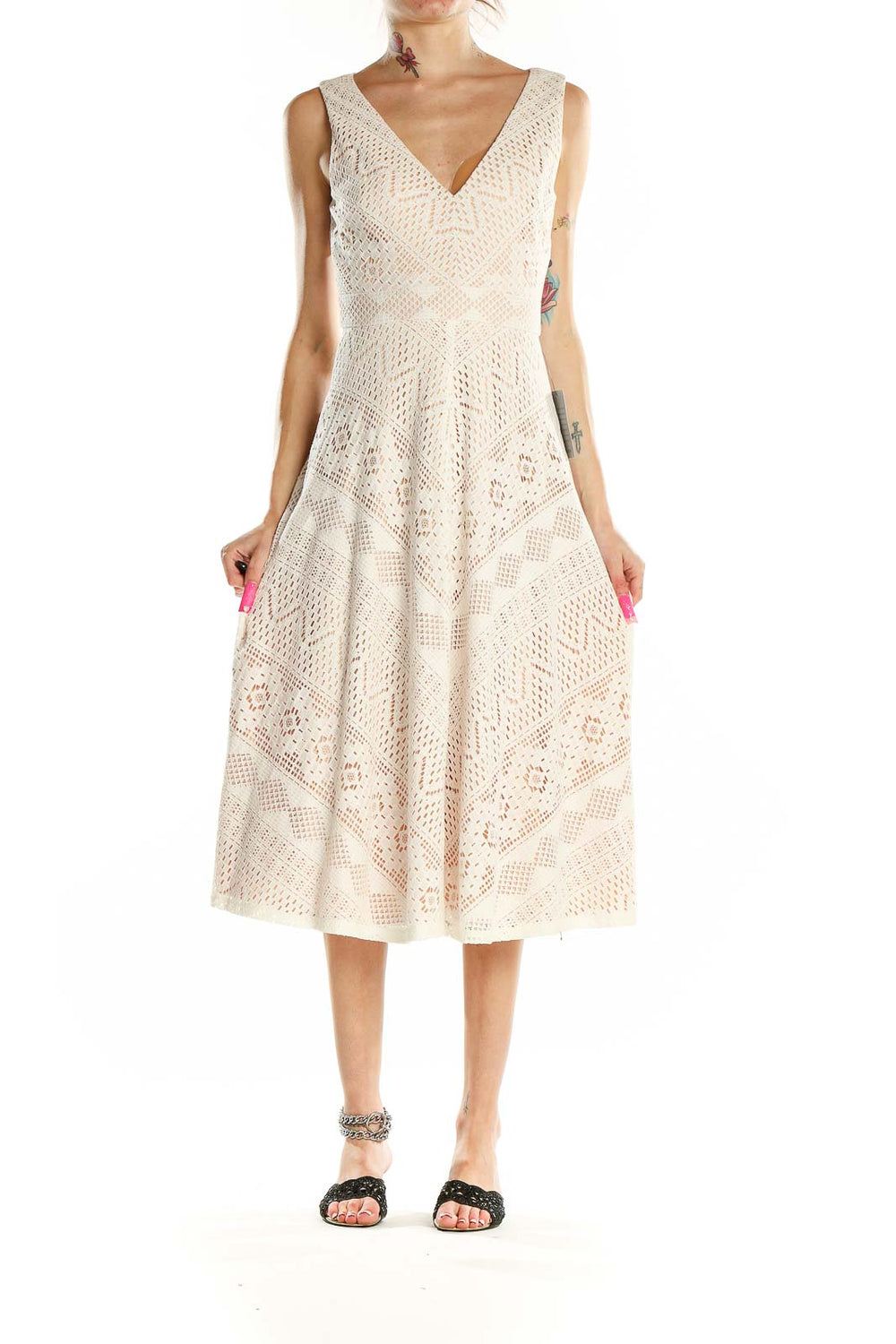 Front view of Vince Camuto cream lace midi dress with V-neckline