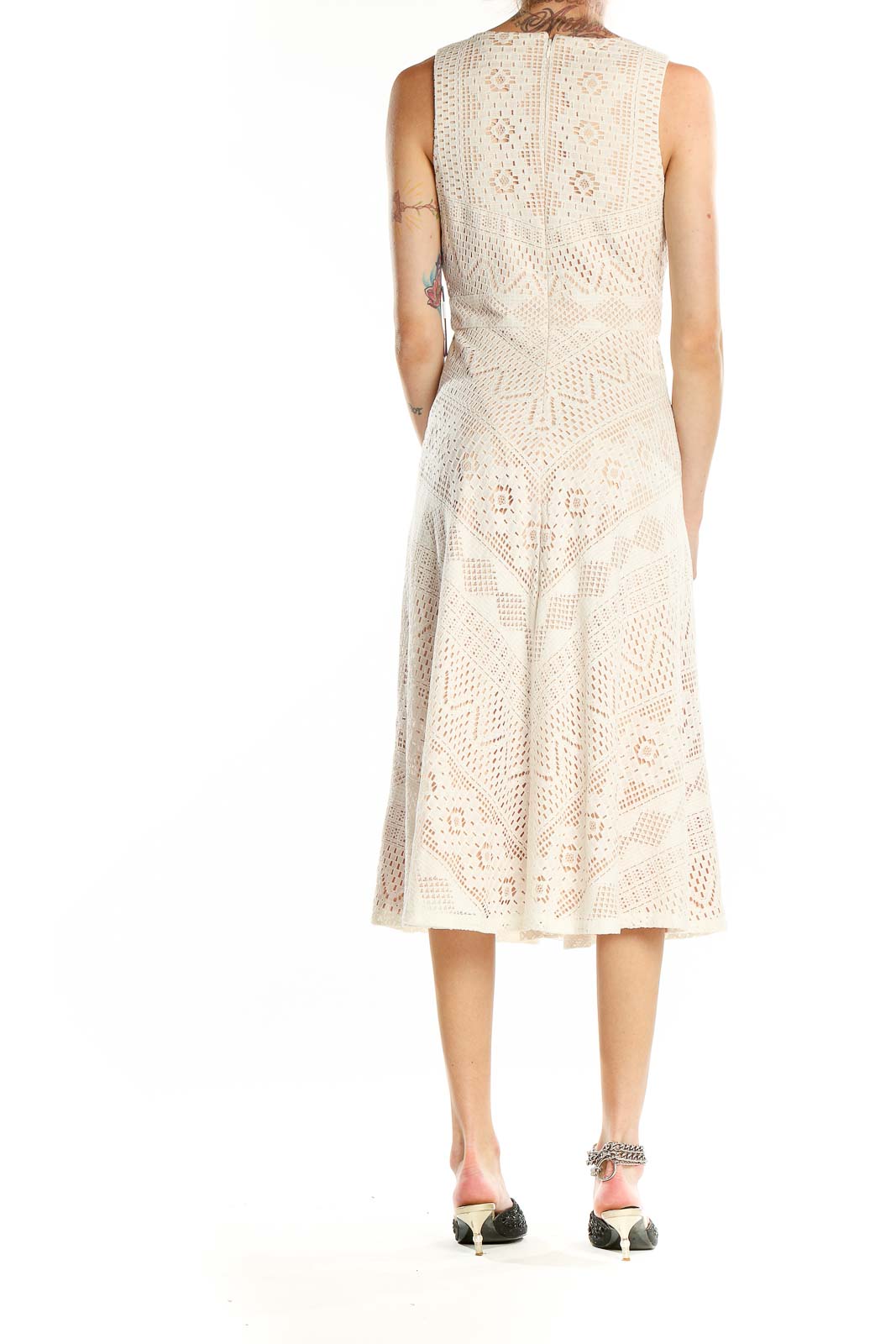 Back view of Vince Camuto cream lace midi dress showing full skirt