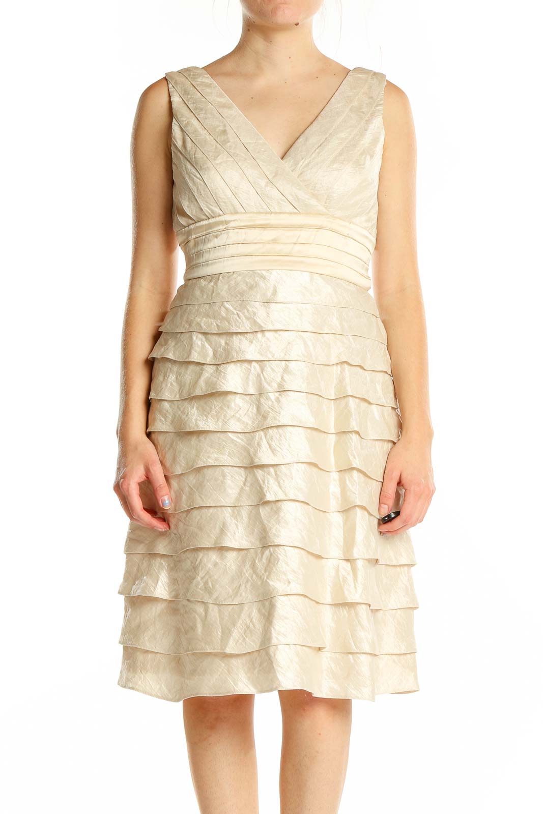 Front view of cream Adrianna Papell cocktail dress with tiered skirt
