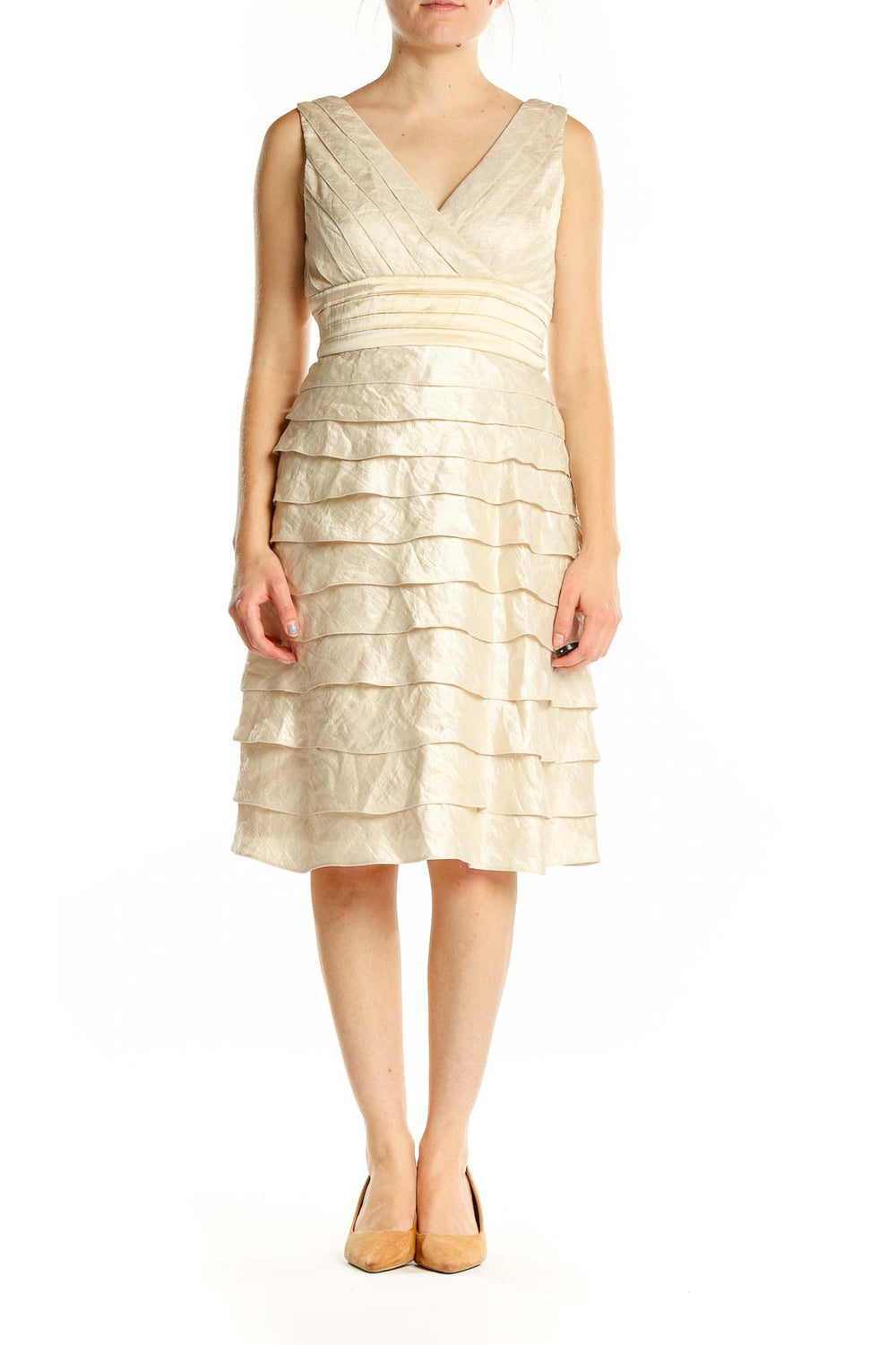Front view of cream Adrianna Papell cocktail dress with tiered skirt