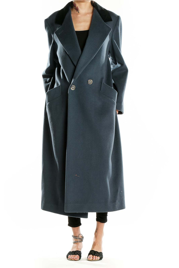 Front view of gray wool long coat with black velvet collar by Forecaster of Boston