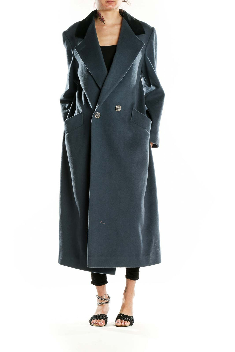 Front view of gray wool long coat with black velvet collar by Forecaster of Boston
