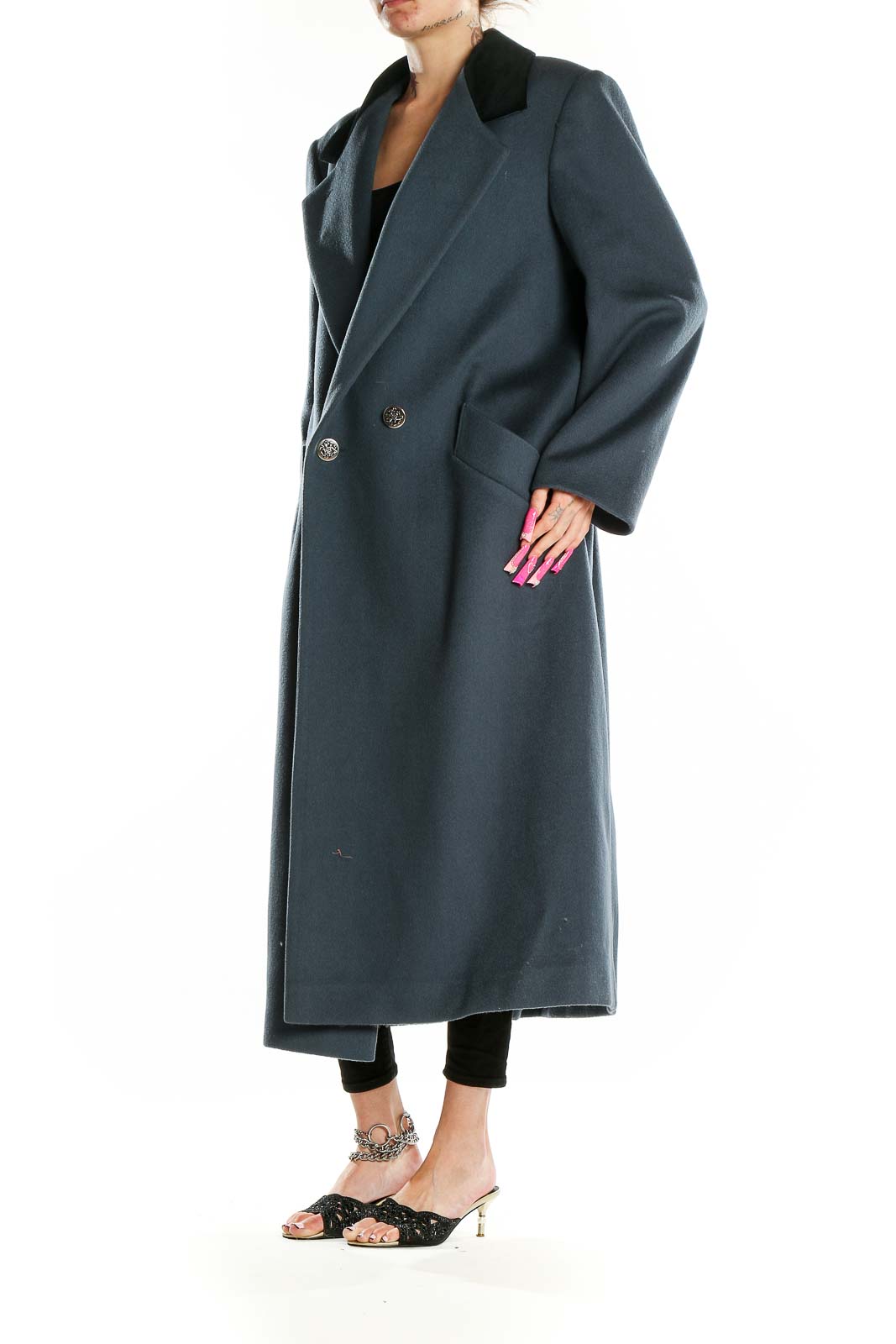 Front view of gray wool long coat with black velvet collar by Forecaster of Boston