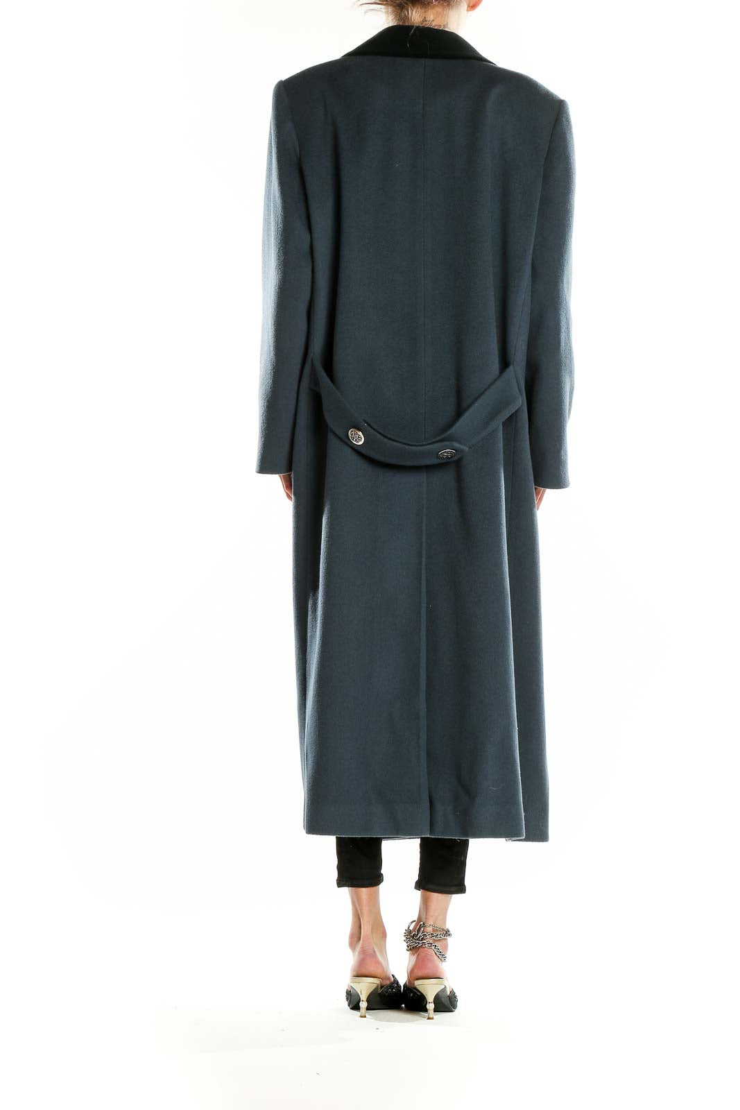 Back view of gray wool long coat by Forecaster of Boston showing full length and fit