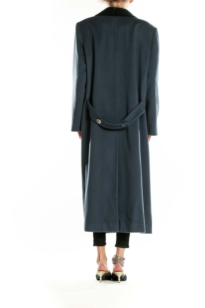 Back view of gray wool long coat by Forecaster of Boston showing full length and fit