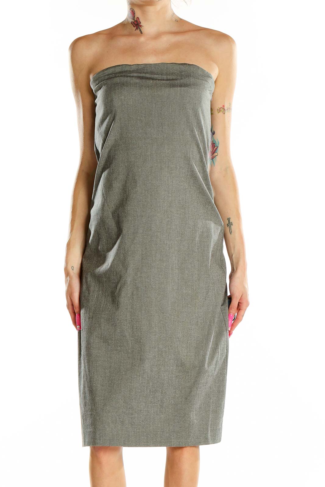 Front view of olive Armani Exchange strapless midi dress