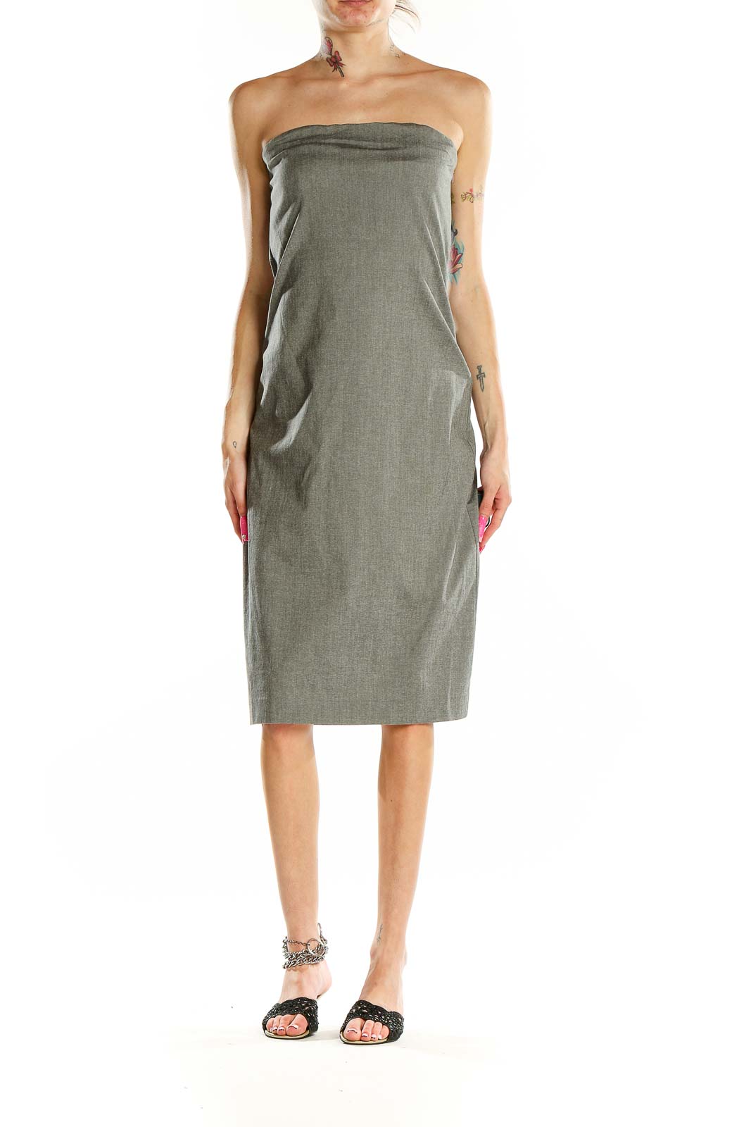 Front view of olive Armani Exchange strapless midi dress