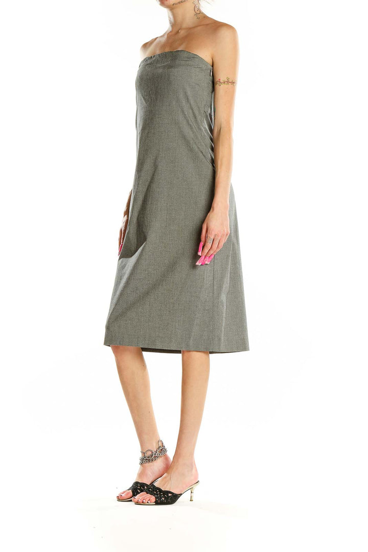 Front view of olive Armani Exchange strapless midi dress