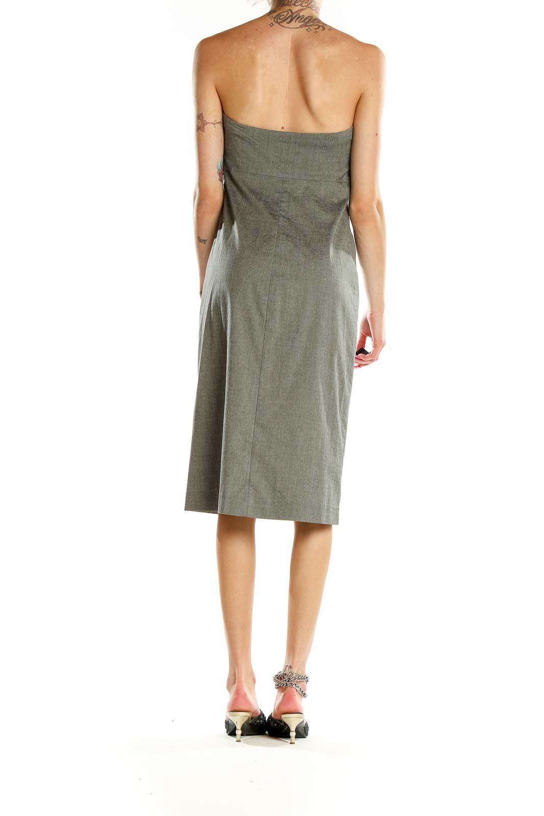 Side view of olive Armani Exchange strapless midi dress