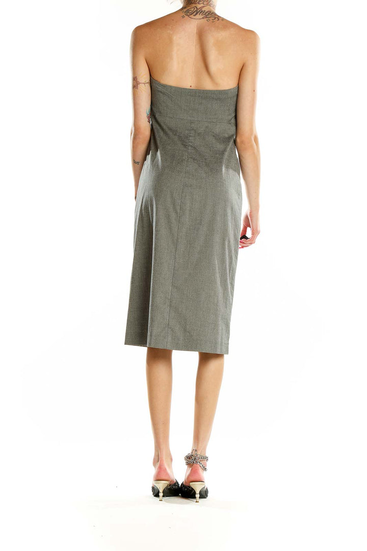 Side view of olive Armani Exchange strapless midi dress